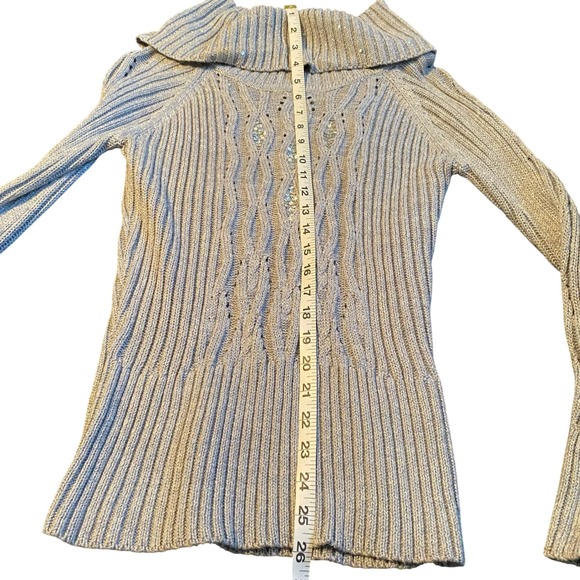 ROZ & ALI Gray Ribbed Metallic Cowl Neck Sequin Accent Sweater Size M - Picture 9 of 11